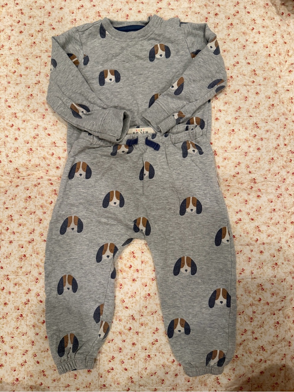 Mini Boden Kids Grey Puppy Print Sweatshirt and Jogger Set